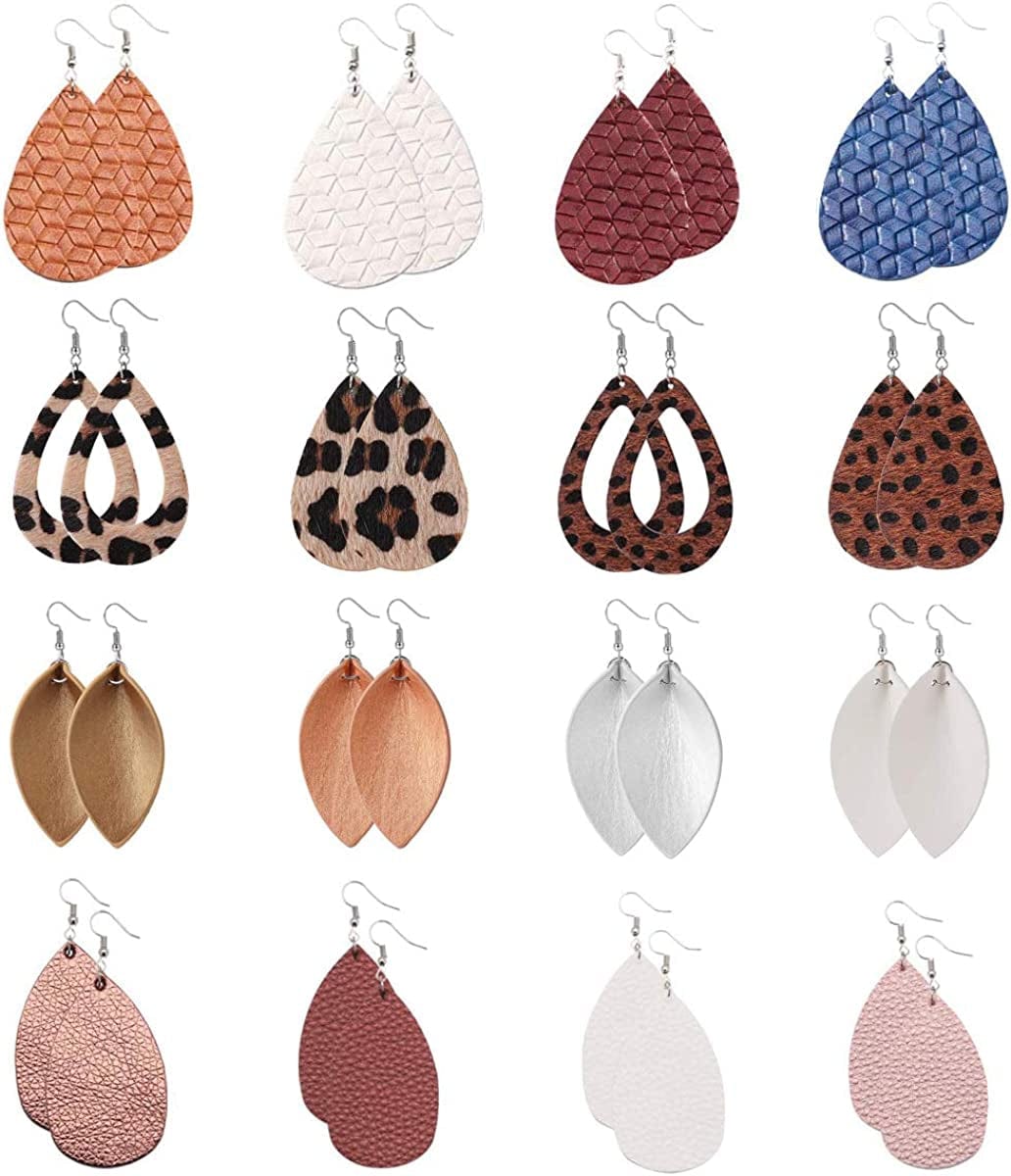 Teardrop Leather Earrings for Women Leopard Print Leather Earrings Lightweight Faux Leather Leaf Earrings 16 Pairs Leather-005