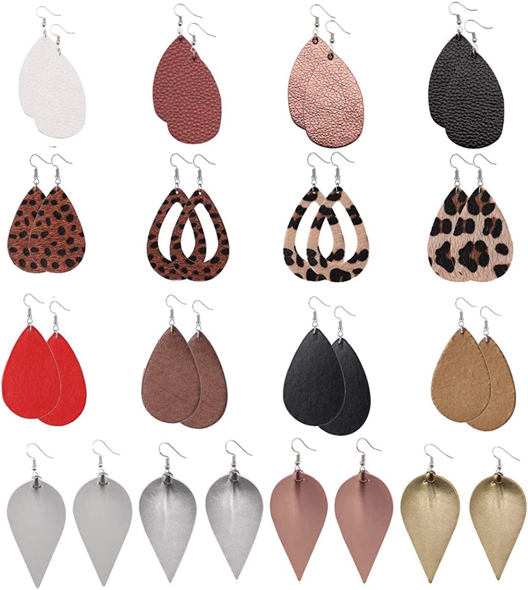 Teardrop Leather Earrings for Women Leopard Print Leather Earrings Lightweight Faux Leather Leaf Earrings 16 Pairs Leather-004