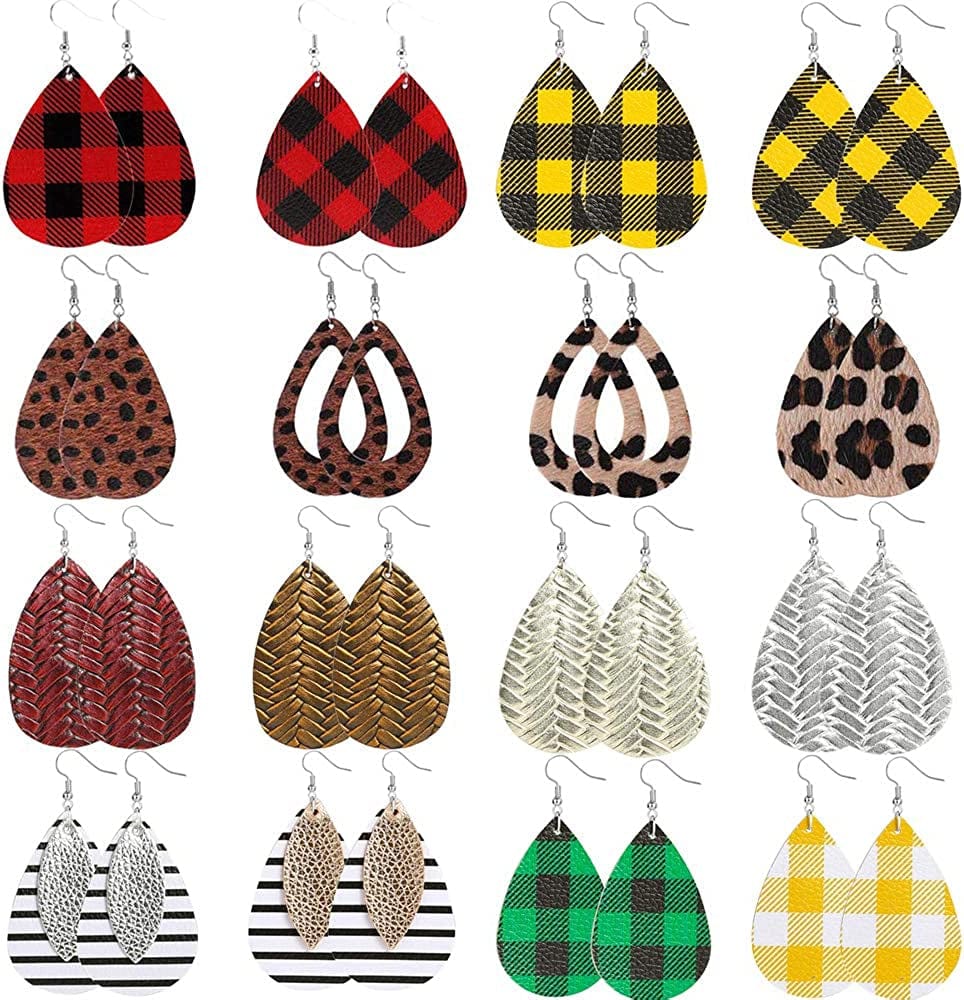 Teardrop Leather Earrings for Women Leopard Print Leather Earrings Lightweight Faux Leather Leaf Earrings 16 Pairs Leather-001