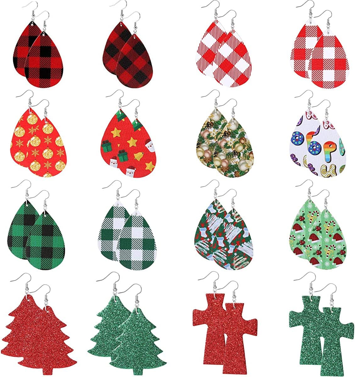Teardrop Leather Earrings for Women Leopard Print Leather Earrings Lightweight Faux Leather Leaf Earrings 16 Pairs Christmas-002