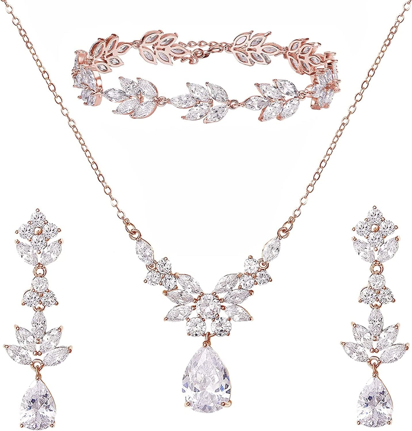 Teardrop Wedding Bridal Jewelry Set for Brides Women Bridesmaid, Crystal Rhinestone Backdrop Necklace Earring Sets for Prom 03.Rose Gold