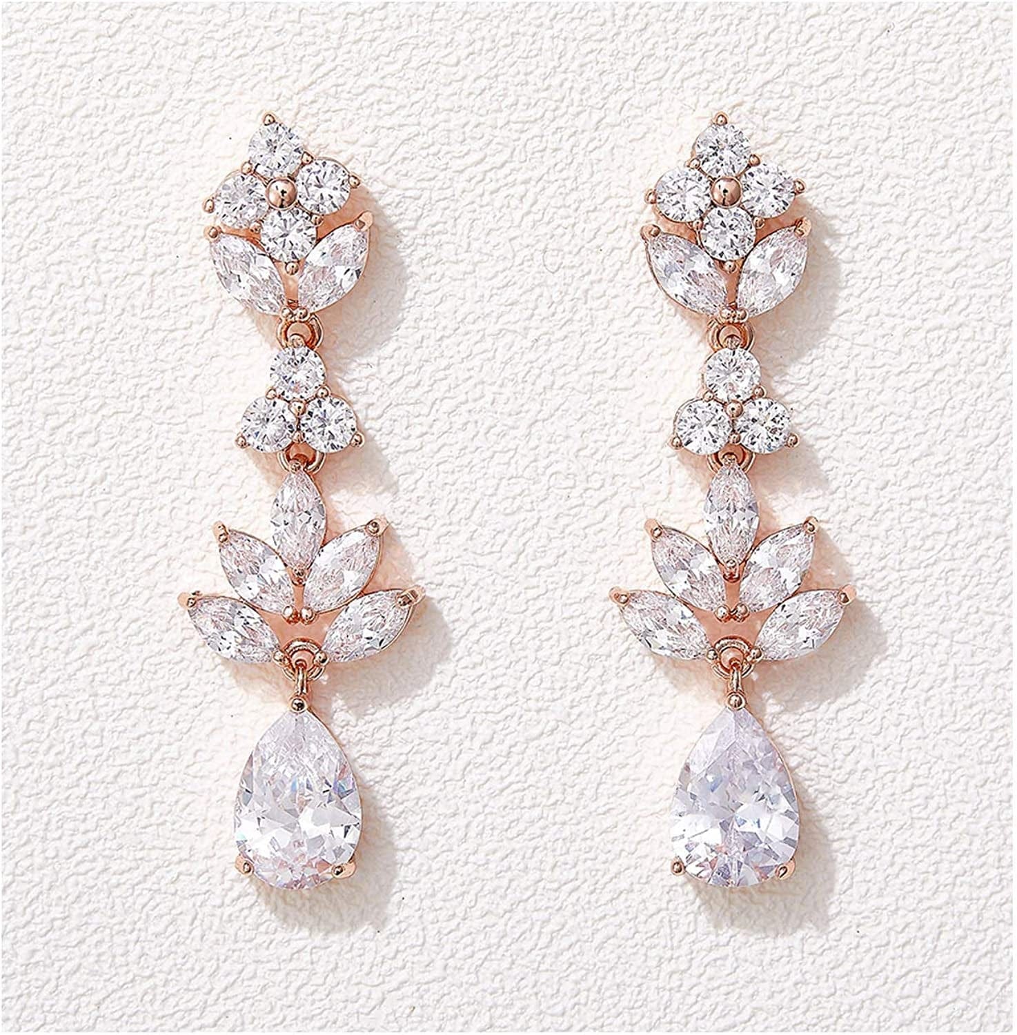 Teardrop Wedding Earrings for Brides Birdesmaid, Crystal Cubic Zirconia Bridal Drop Earrings for Women Prom Rose Gold
