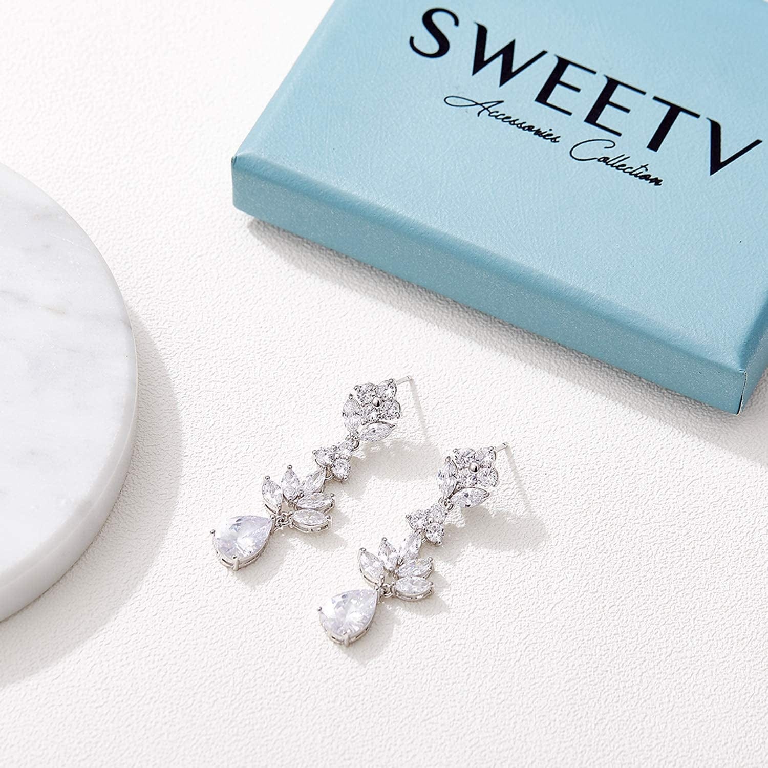 Teardrop Wedding Earrings for Brides Birdesmaid, Crystal Cubic Zirconia Bridal Drop Earrings for Women Prom