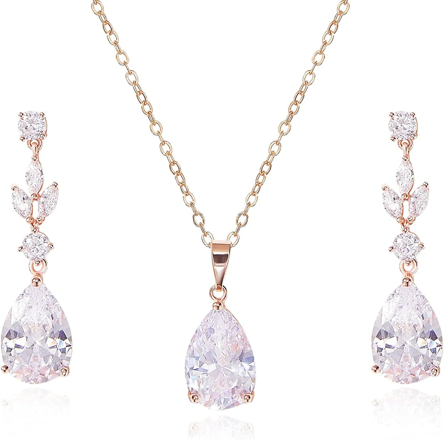 Teardrop Wedding Jewelry Sets for Women Brides Bridesmaids, Crystal Bridal Necklace Drop Earrings Set,Prom Costume Bridal Wedding Jewelry Rose Gold