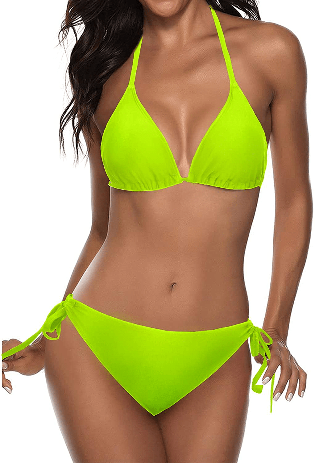 Tempt Me Women Two Piece Halter Padded Top Tie Side Bottom Triangle Bikini Bathing Suit Apparel & Accessories > Clothing > Swimwear KYLIE MAX Neon Green X-Large