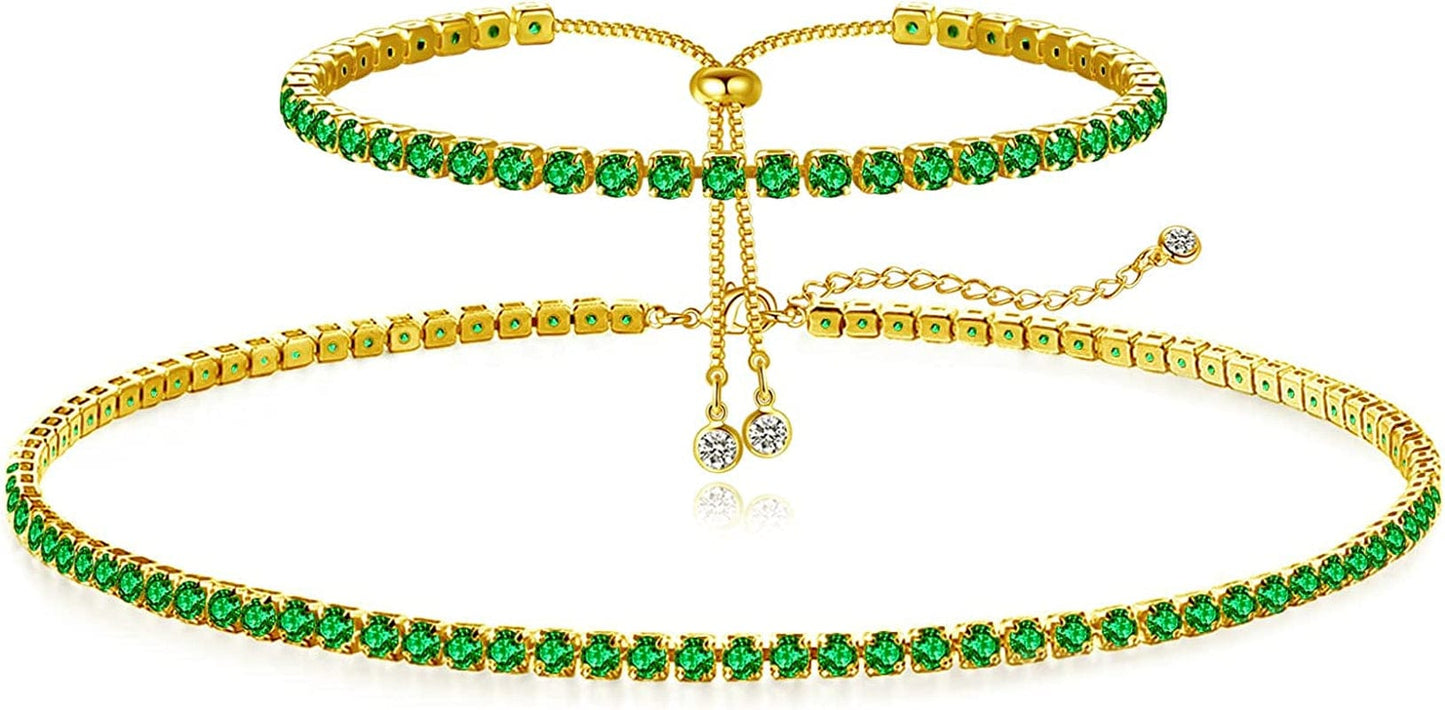 Tennis Necklace Bracelet for Women, 14K Gold/Sterling Sliver, Dainty Chocker Necklace, Crystal Bracelet for Men/Teen Girls, Wedding Jewelry for Bride, Hypoallergenic Gold Green/3mm
