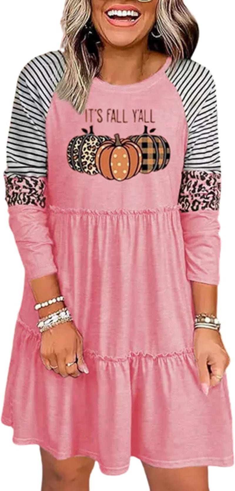 Thanksgiving It'S Fall Y'All Leopard Plaid Pumpkin Ruffled Mini Dress Casual Long Sleeve Funny Print Women Dress Pink / X-Large