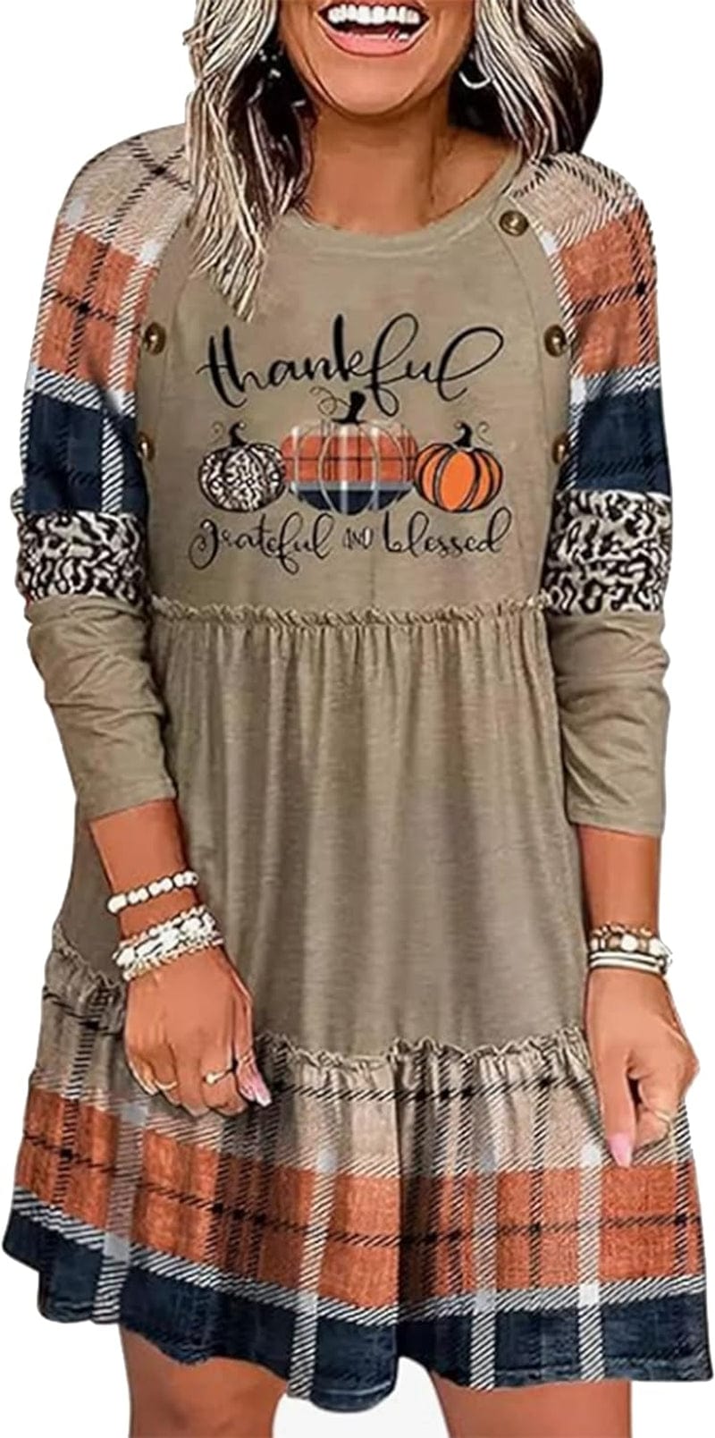 Thanksgiving Thankful Grateful and Blessed Leopard Plaid Pumpkin Ruffled Long Sleeve Mini Dress for Women Brown / X-Large