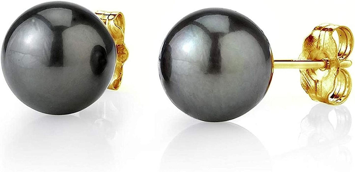 THE PEARL SOURCE Tahitian Real Pearl Earrings for Women - Black 14K Gold Stud Earrings | Hypoallergenic Earrings with Genuine Cultured Pearls, 8.0Mm-12.0Mm 12.0mm / Yellow Gold