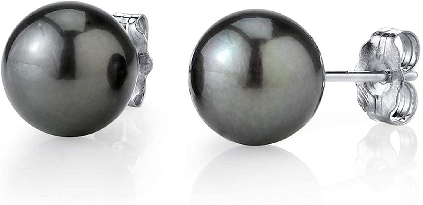 THE PEARL SOURCE Tahitian Real Pearl Earrings for Women - Black 14K Gold Stud Earrings | Hypoallergenic Earrings with Genuine Cultured Pearls, 8.0Mm-12.0Mm 12.0mm / White Gold