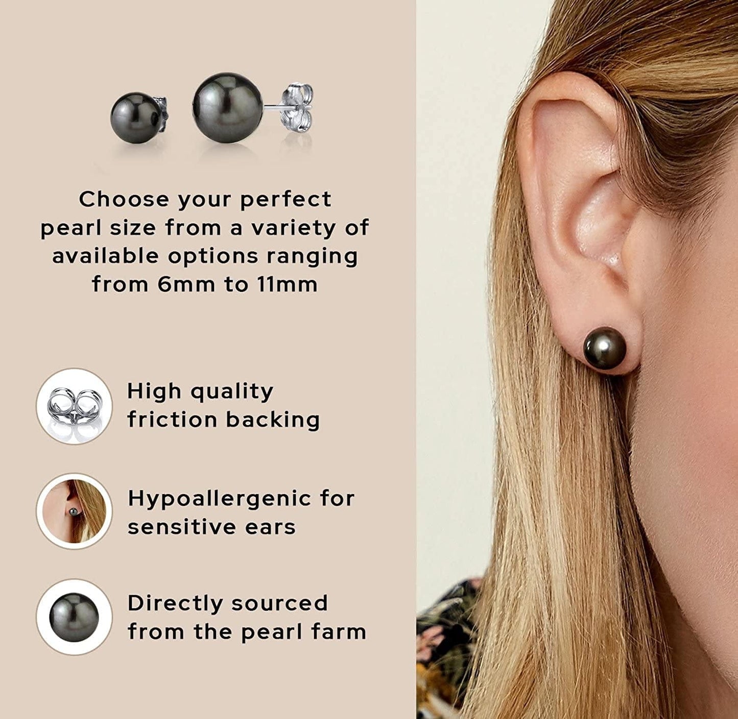 THE PEARL SOURCE Tahitian Real Pearl Earrings for Women - Black 14K Gold Stud Earrings | Hypoallergenic Earrings with Genuine Cultured Pearls, 8.0Mm-12.0Mm
