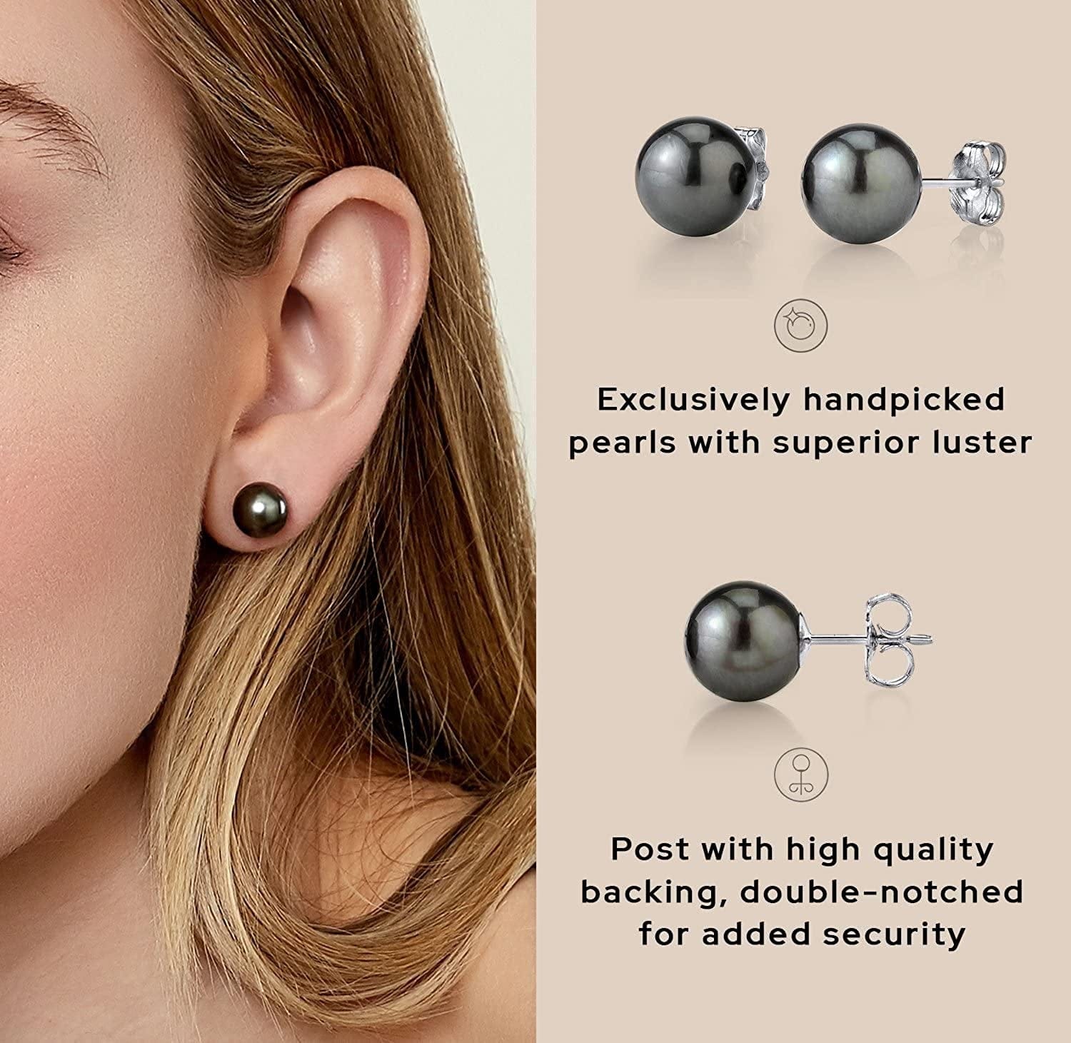 THE PEARL SOURCE Tahitian Real Pearl Earrings for Women - Black 14K Gold Stud Earrings | Hypoallergenic Earrings with Genuine Cultured Pearls, 8.0Mm-12.0Mm