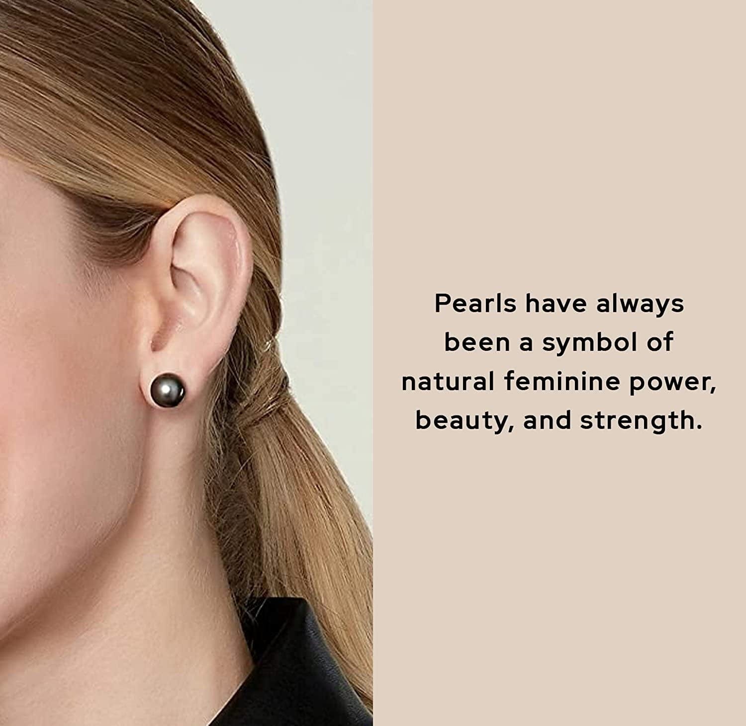 THE PEARL SOURCE Tahitian Real Pearl Earrings for Women - Black 14K Gold Stud Earrings | Hypoallergenic Earrings with Genuine Cultured Pearls, 8.0Mm-12.0Mm