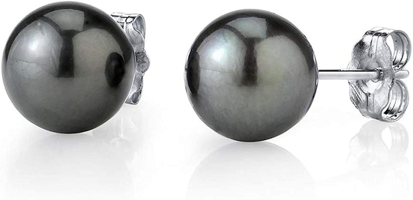 THE PEARL SOURCE Tahitian Real Pearl Earrings for Women - Black 14K Gold Stud Earrings | Hypoallergenic Earrings with Genuine Cultured Pearls, 8.0Mm-12.0Mm 8.0mm / White Gold