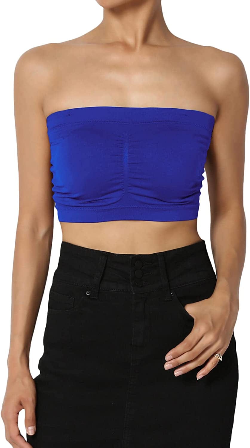Themogan Women & plus Seamless Removable Pad Bandeau Strapless Tube Bra Top Denim Blue / One Size