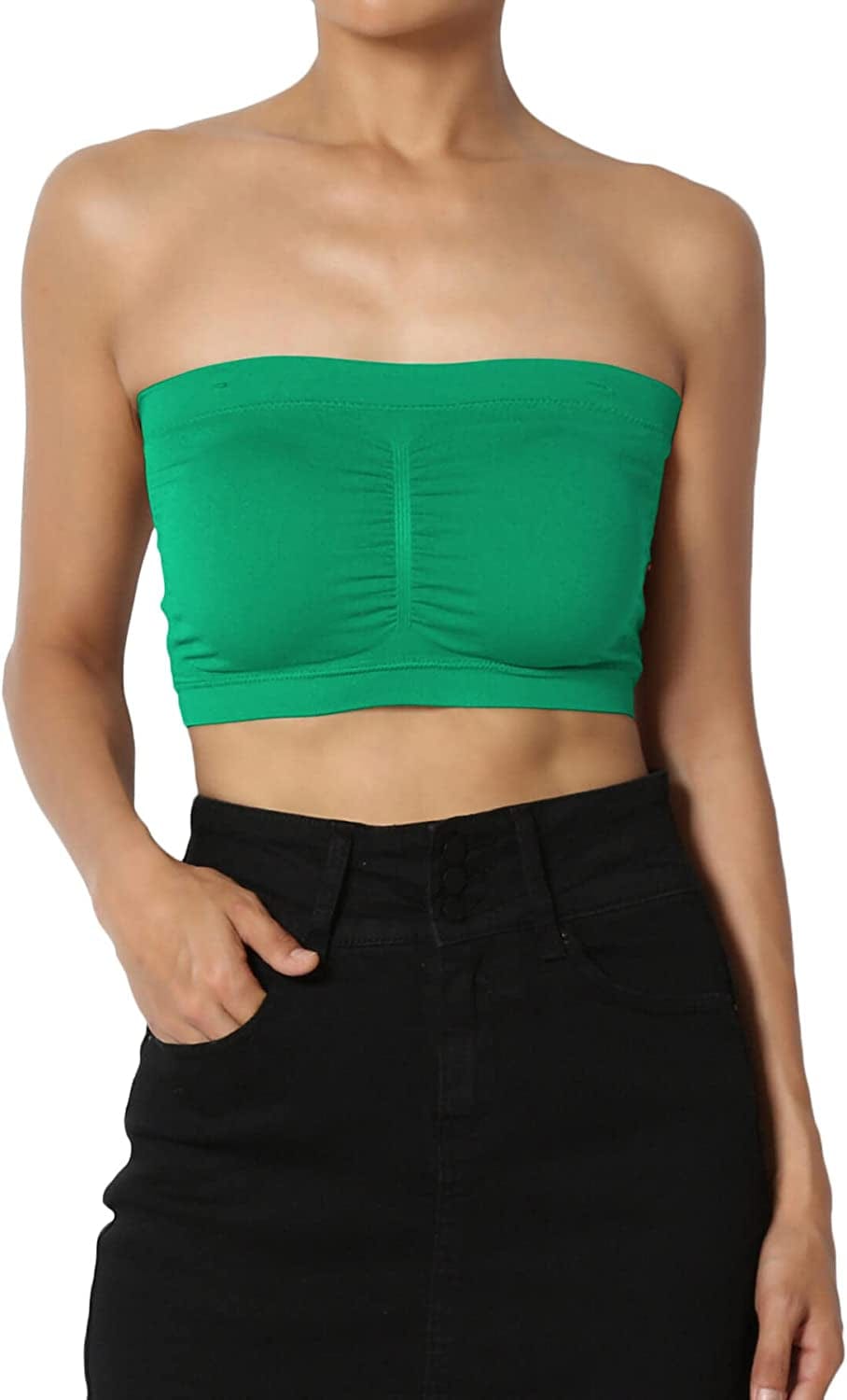 Themogan Women & plus Seamless Removable Pad Bandeau Strapless Tube Bra Top Kelly Green / 1X-2X