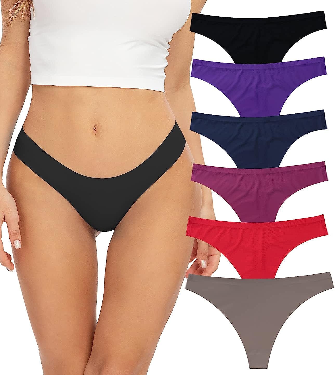 Thongs for Women, No Show Womens Thongs Underwear, Ice Silk Thong Bikini Underwear Pack Deep Color / Small
