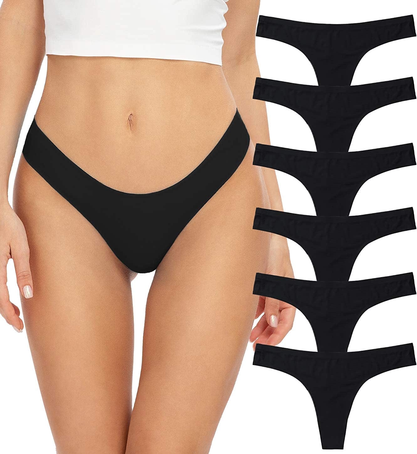 Thongs for Women, No Show Womens Thongs Underwear, Ice Silk Thong Bikini Underwear Pack Black Thongs / Large