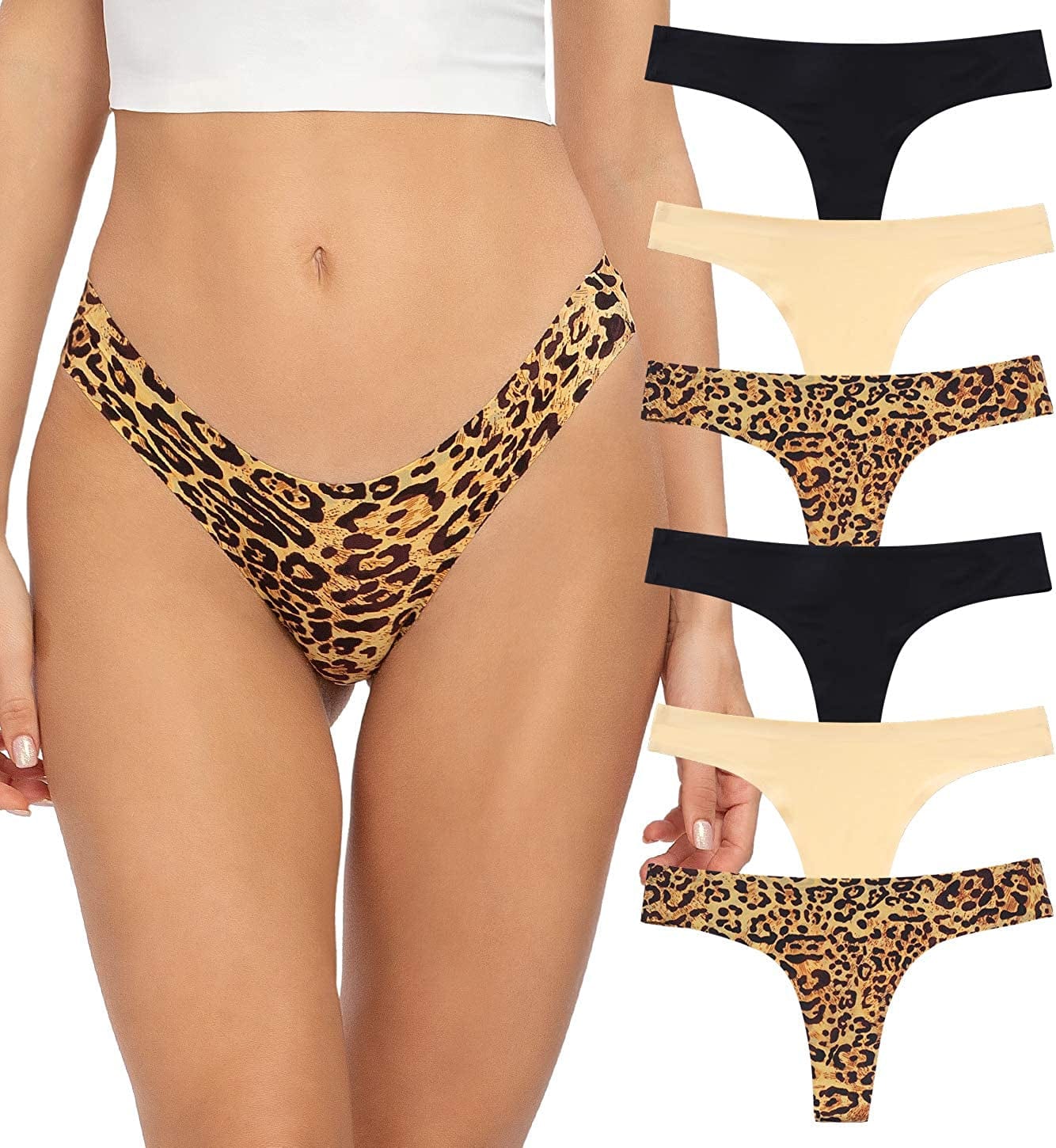 Thongs for Women, No Show Womens Thongs Underwear, Ice Silk Thong Bikini Underwear Pack Leopard Thong Panties / Small