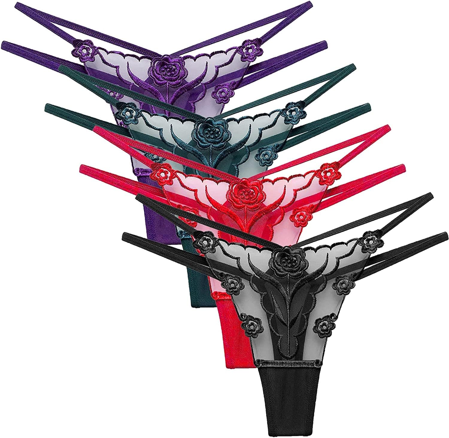 Thongs for Women Pack Lace Panties Sexy Underwear Naughty Breathable Black+red+purple+blackishgreen