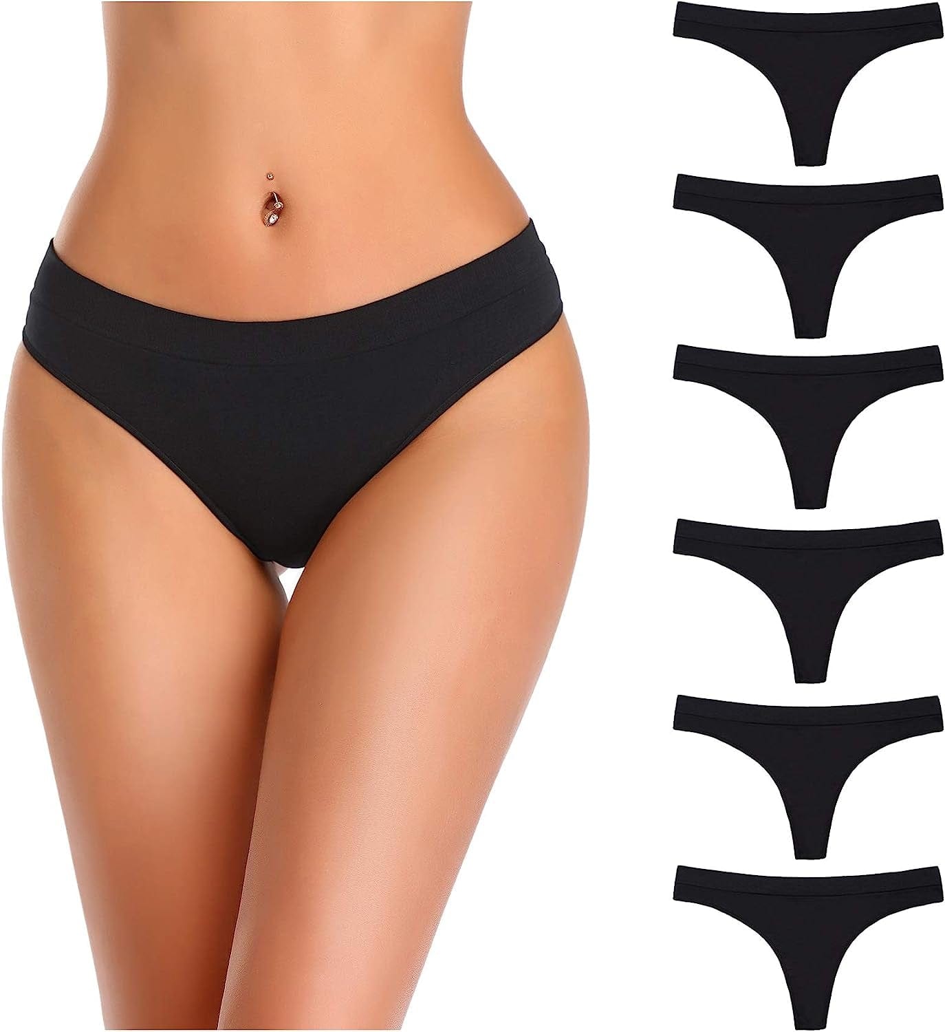 Thongs for Women Pack, Seamless Thongs for Women, Thong Underwear for Women, No Show Thongs for Women, Women’S Thongs 6 Pack - All Black / Medium