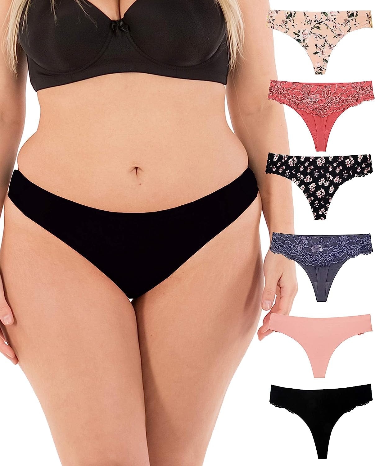 Thongs for Women Sexy Lace Back Floral Panties Invisible No-Show Seamless Underwear 6 Pack Small to plus Size Pink Floral / Medium