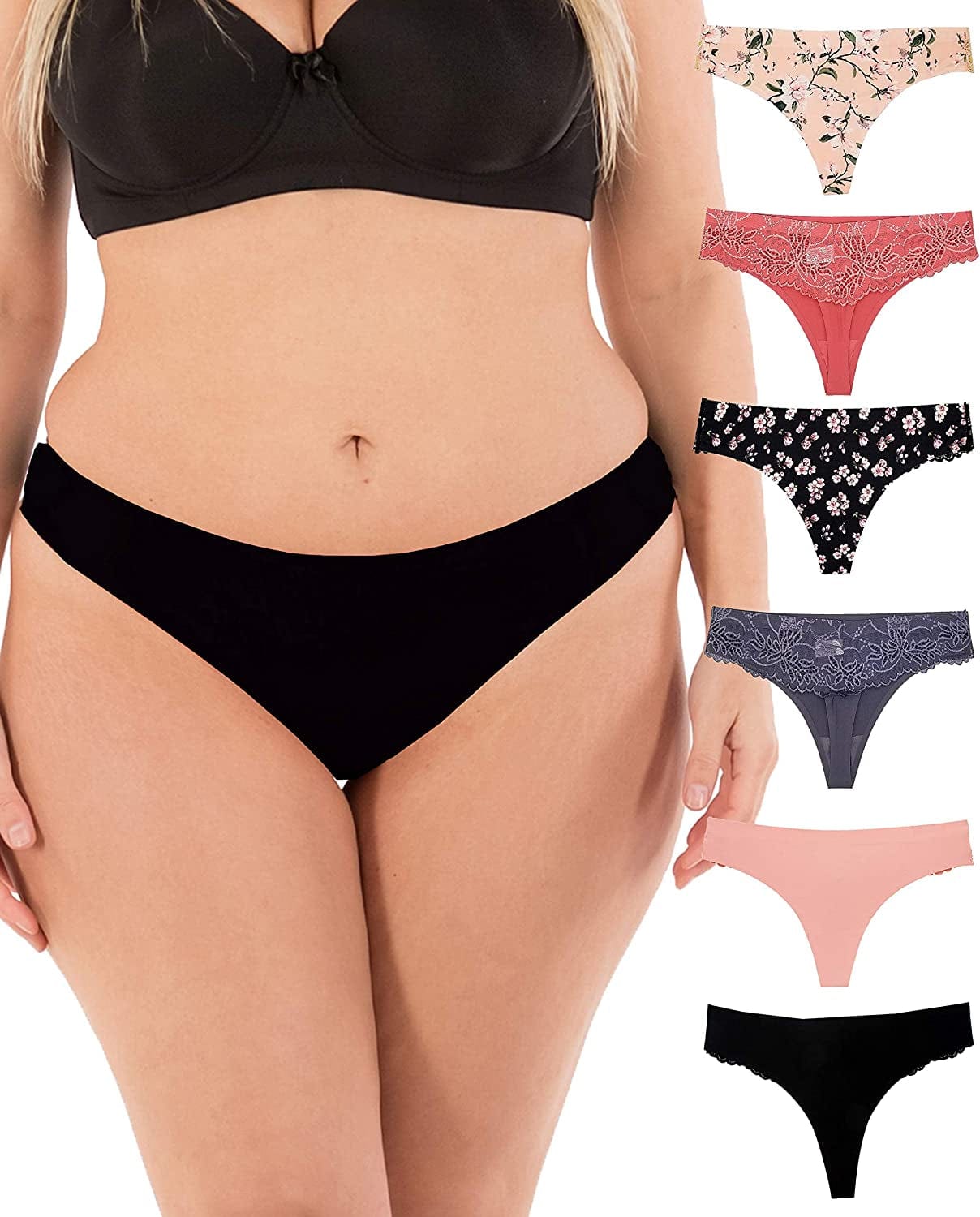 Thongs for Women Sexy Lace Back Floral Panties Invisible No-Show Seamless Underwear 6 Pack Small to plus Size Pink Floral / Small
