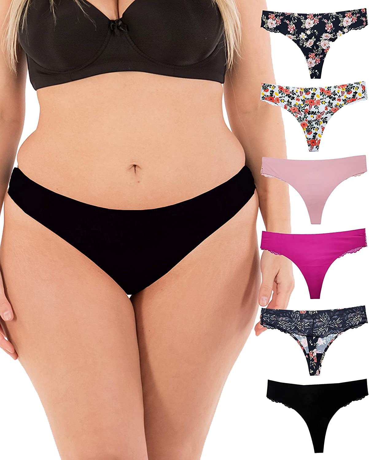 Thongs for Women Sexy Lace Back Floral Panties Invisible No-Show Seamless Underwear 6 Pack Small to plus Size Vintage / 5X-Large Plus