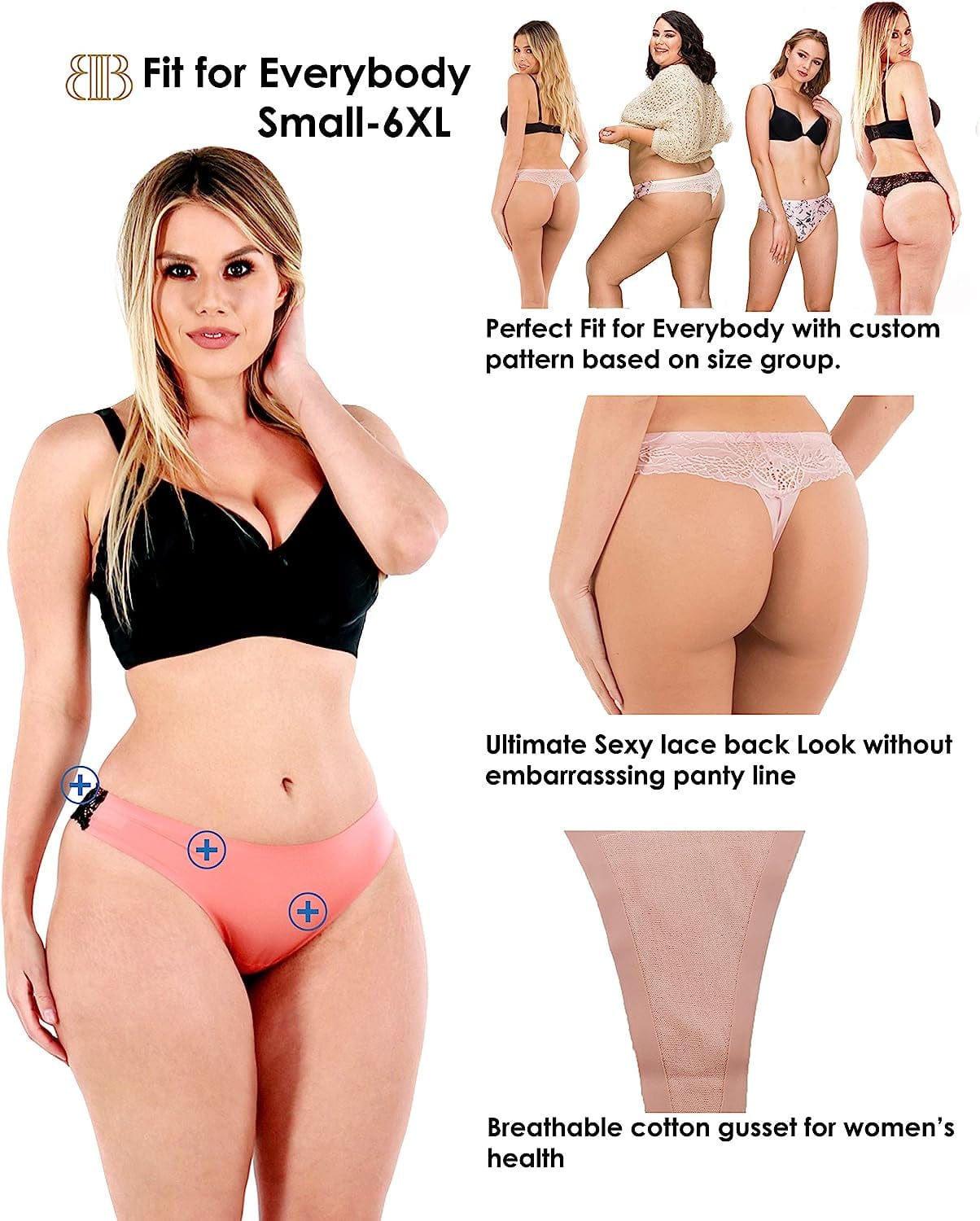 Thongs for Women Sexy Lace Back Floral Panties Invisible No-Show Seamless Underwear 6 Pack Small to plus Size