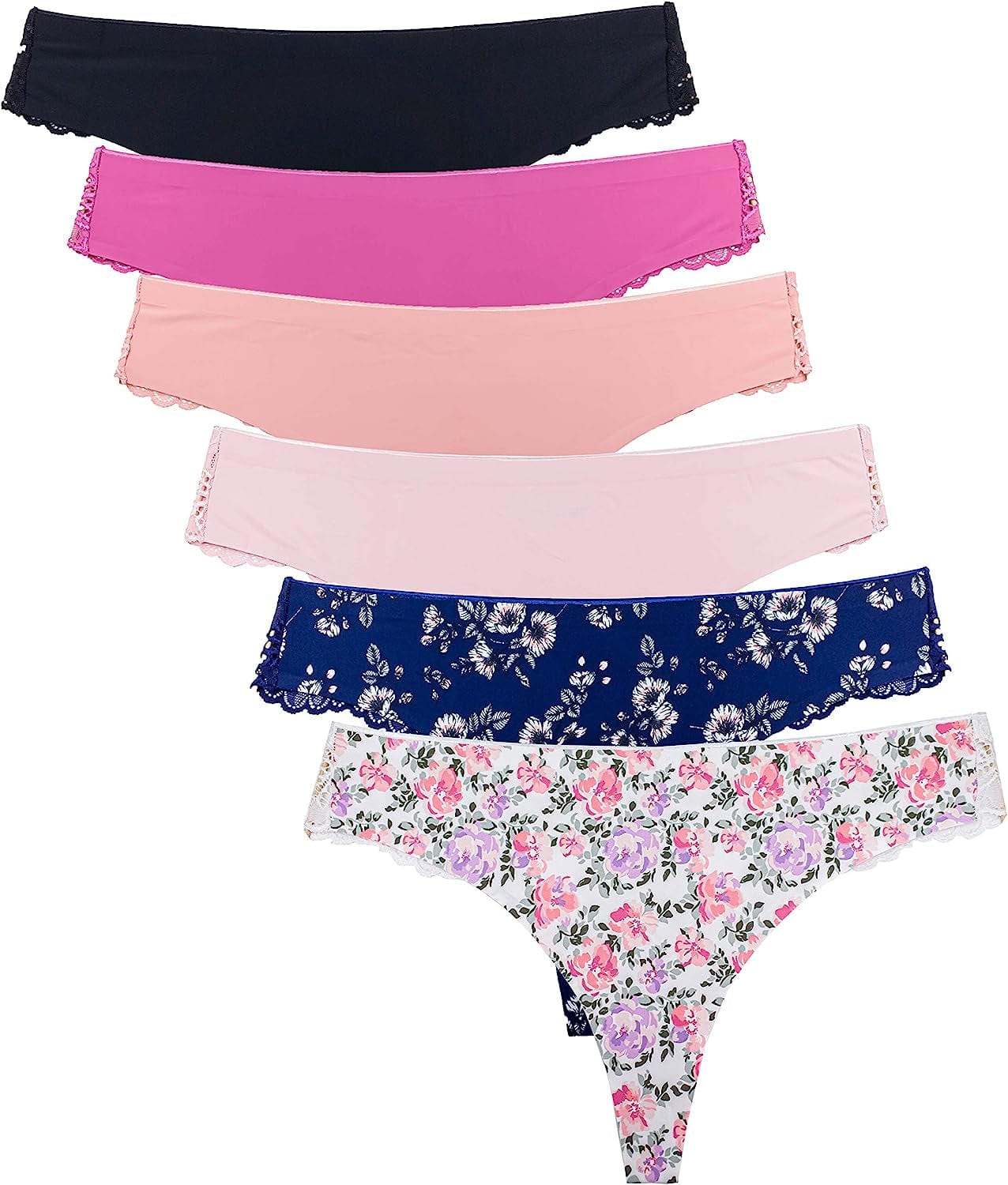 Thongs for Women Sexy Lace Back Floral Panties Invisible No-Show Seamless Underwear 6 Pack Small to plus Size