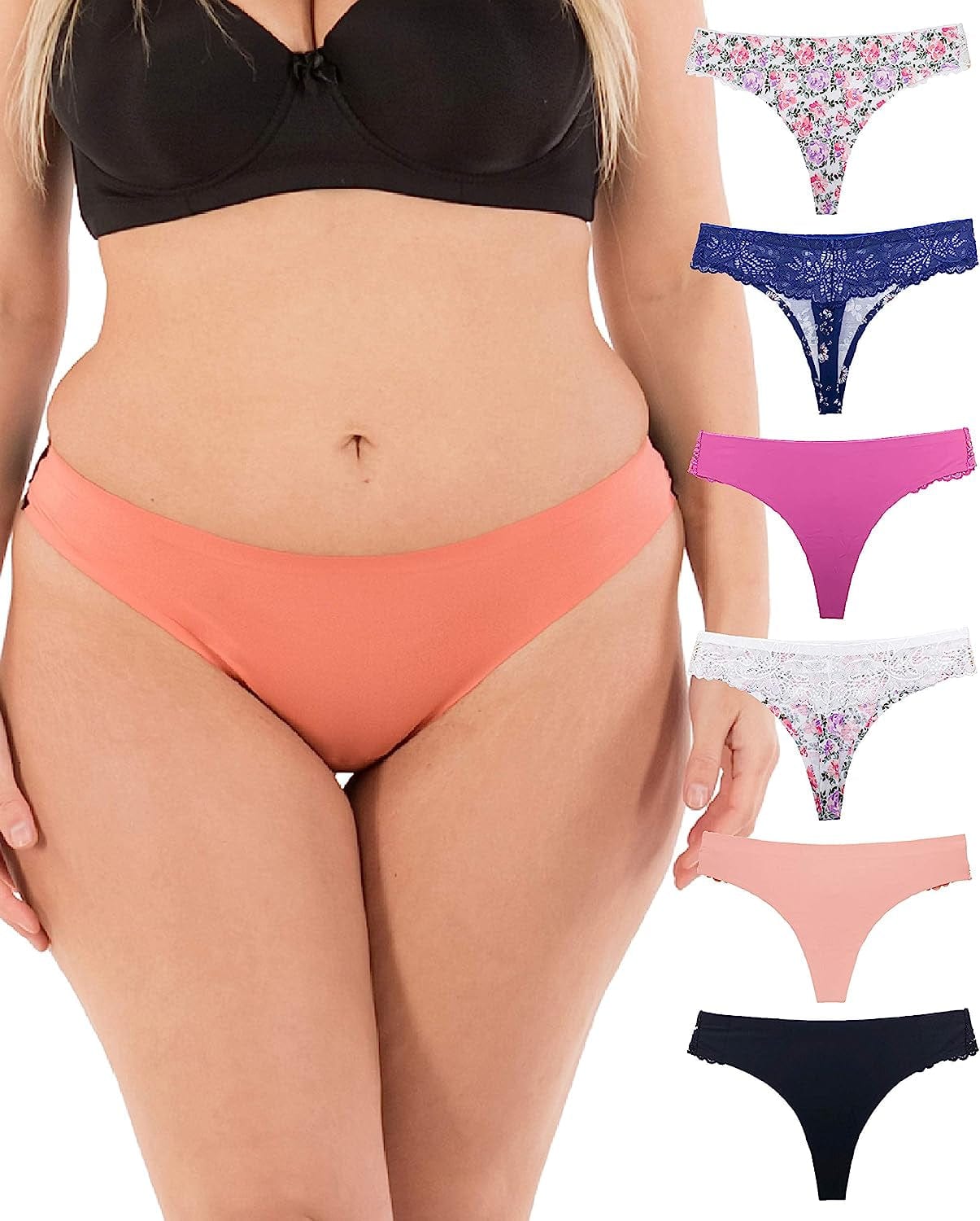 Thongs for Women Sexy Lace Back Floral Panties Invisible No-Show Seamless Underwear 6 Pack Small to plus Size Peony / X-Large
