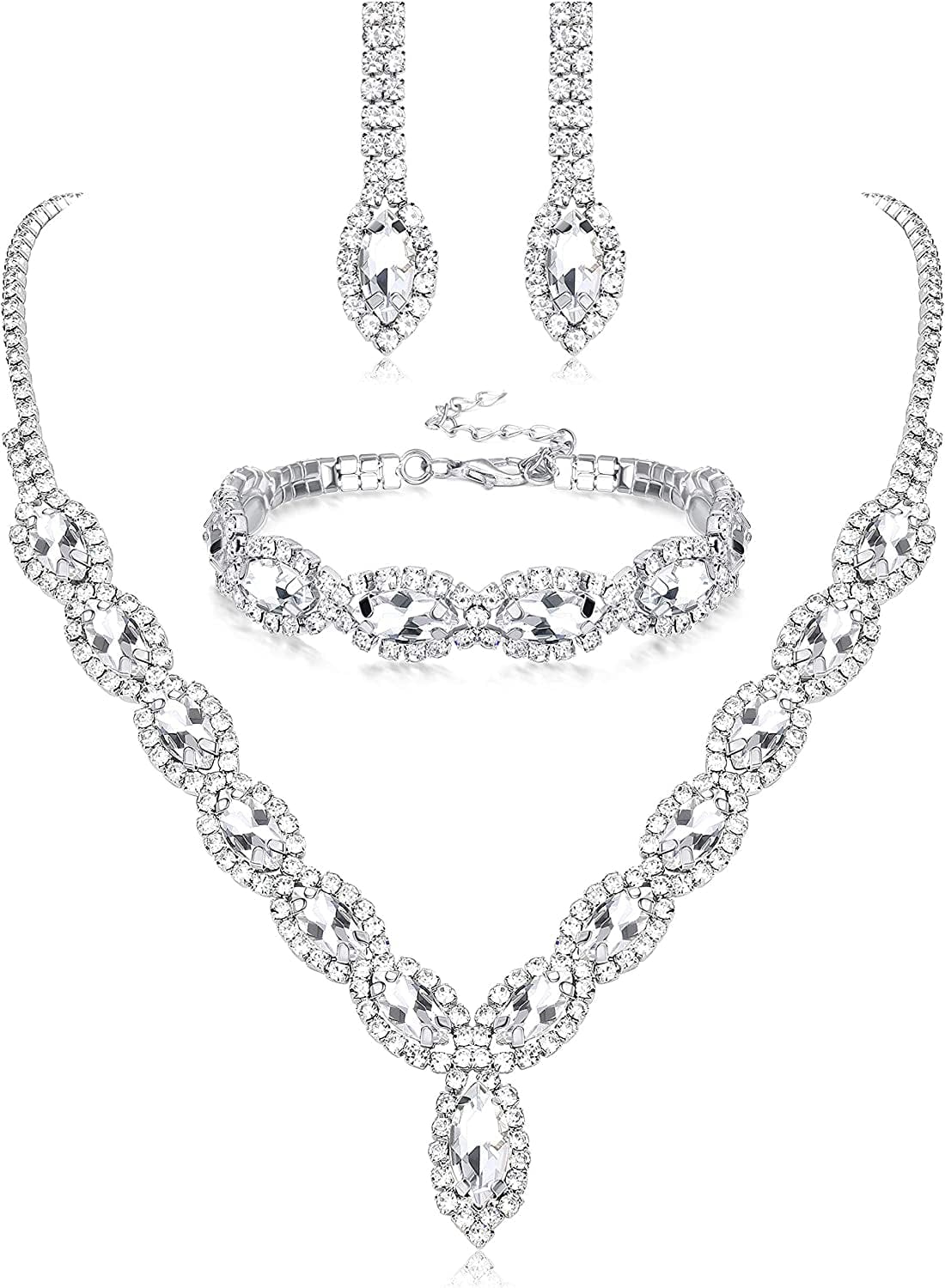 Thunaraz Crystal Bridal Jewelry Set Crystal Necklace and Earrings with Crystal Bracelet for Women Jewelry Set Gifts Fit silver