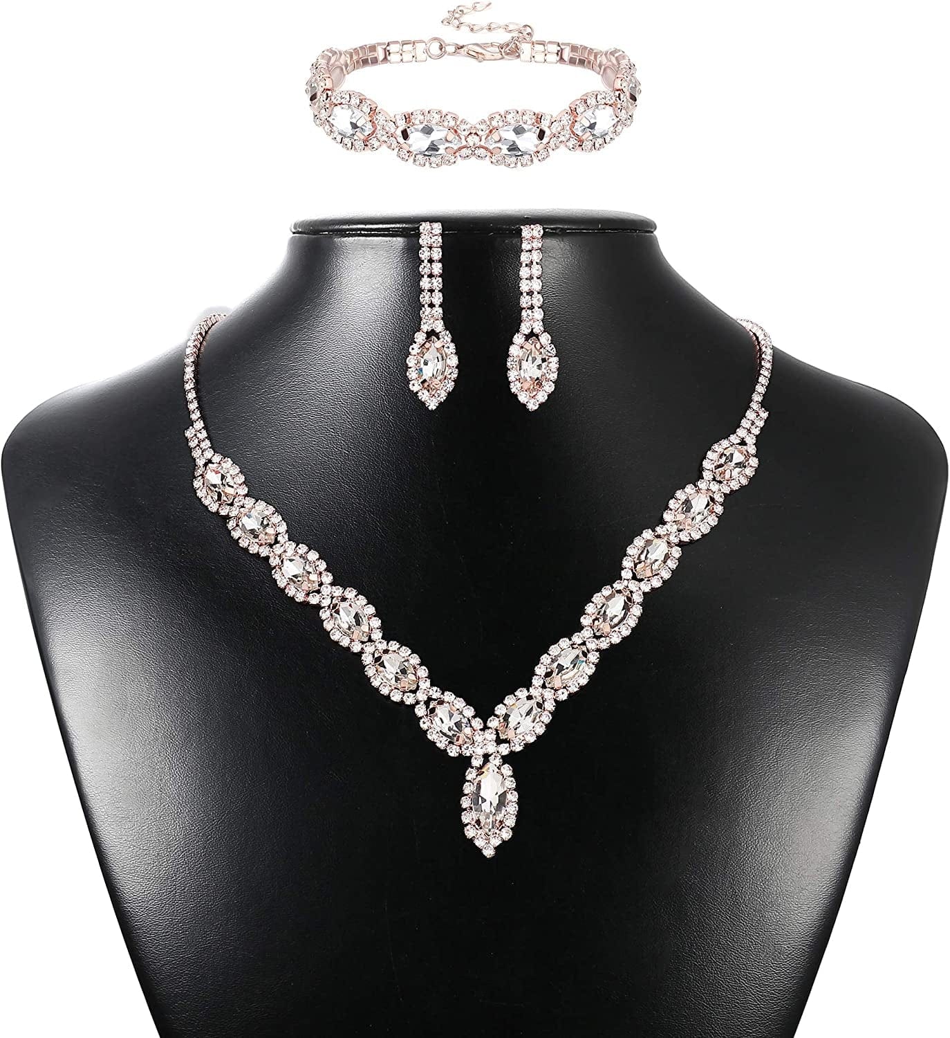 Thunaraz Crystal Bridal Jewelry Set Crystal Necklace and Earrings with Crystal Bracelet for Women Jewelry Set Gifts Fit