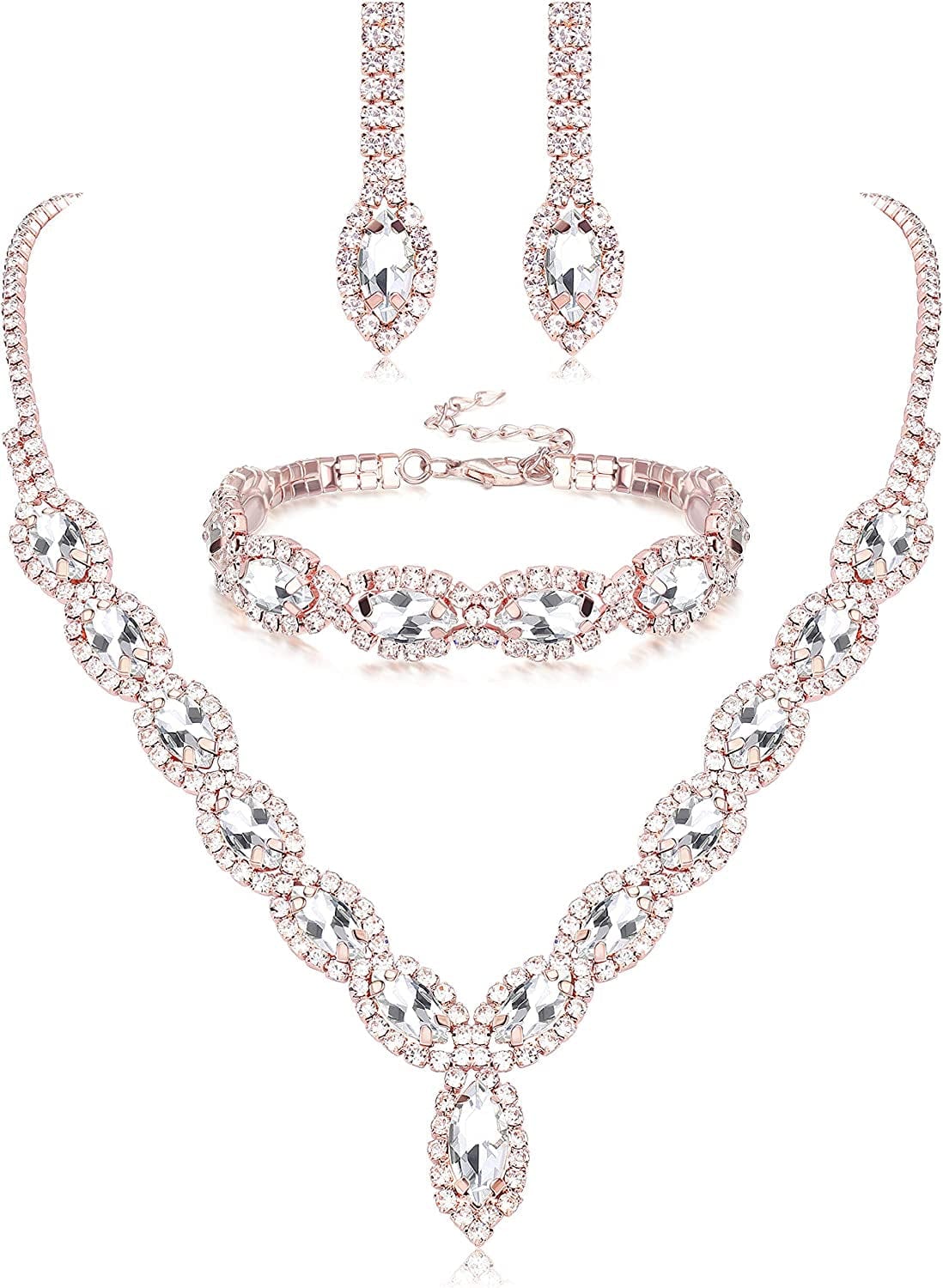 Thunaraz Crystal Bridal Jewelry Set Crystal Necklace and Earrings with Crystal Bracelet for Women Jewelry Set Gifts Fit rose gold