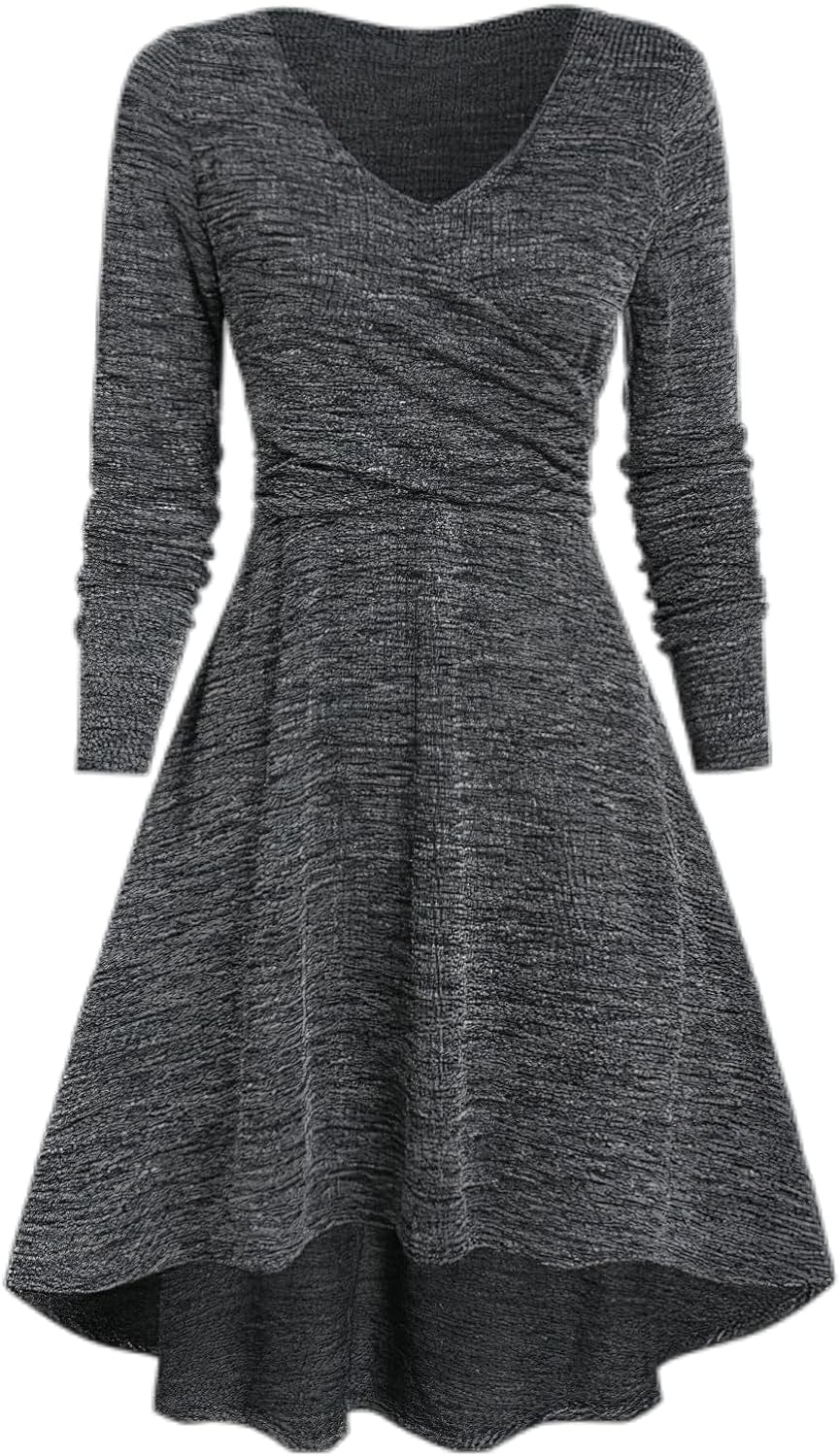 TIAFORD Women'S V Neck Wrap Waist Dress Casual Fall Mixed Color Long Sleeve High Low Irregular Hem A-Line Mini Dress Black / Xx-Large