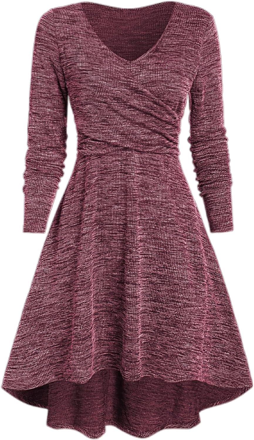 TIAFORD Women'S V Neck Wrap Waist Dress Casual Fall Mixed Color Long Sleeve High Low Irregular Hem A-Line Mini Dress Red / Small