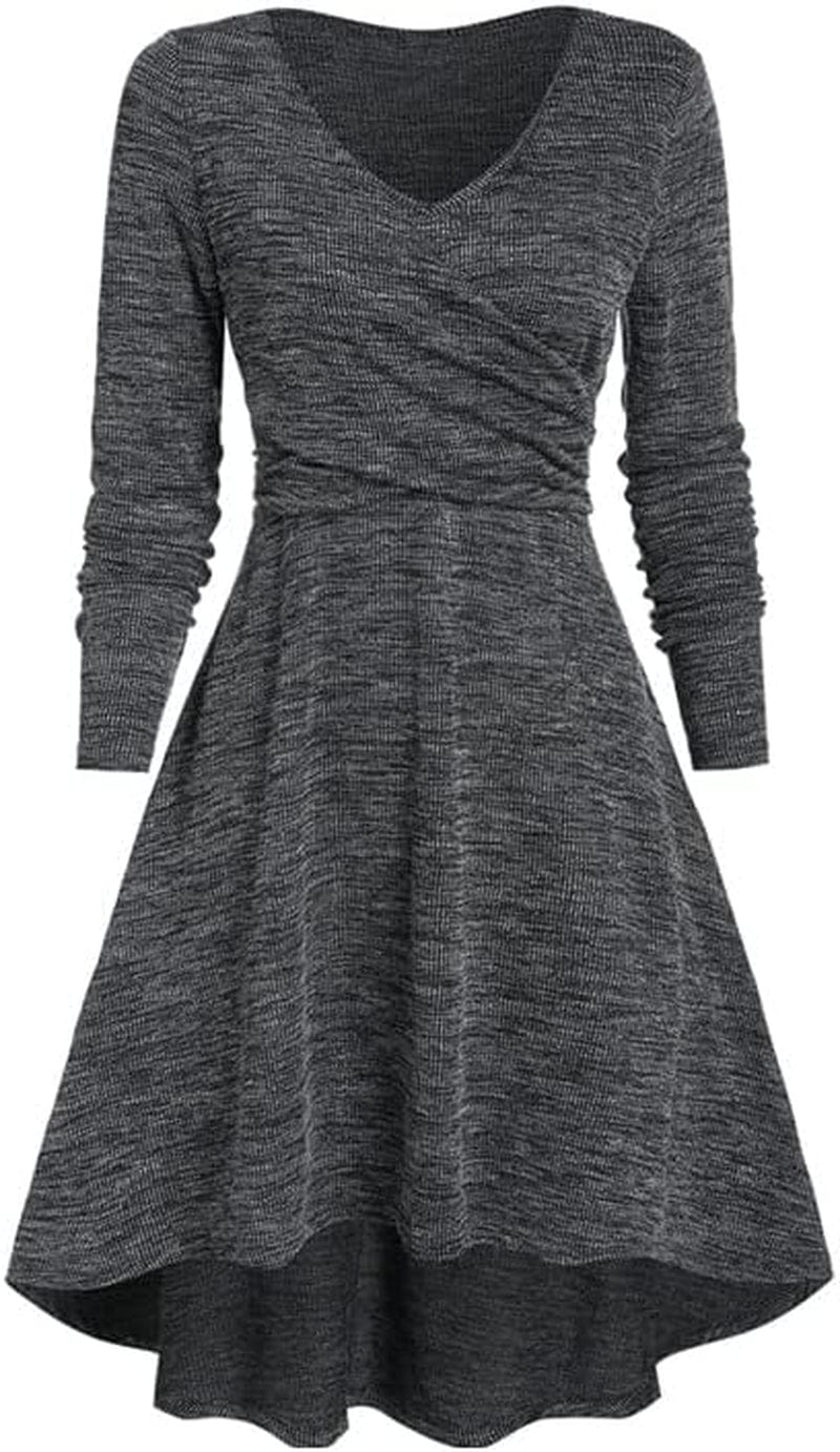 TIAFORD Women'S V Neck Wrap Waist Dress Casual Fall Mixed Color Long Sleeve High Low Irregular Hem A-Line Mini Dress