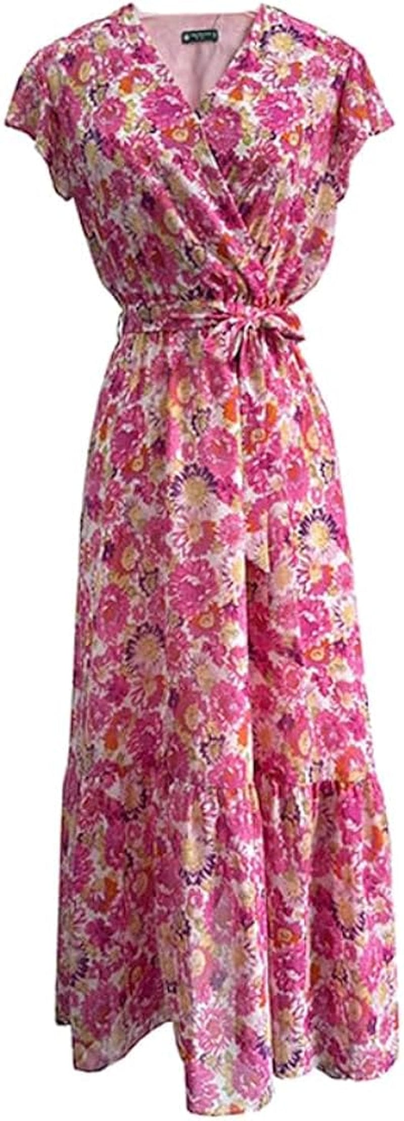 TICHIAN4S2U Women Floral Maxi Dress Wrap V Neck Short Sleeve Belted Ruffle Hem A-Line Bohemian Dresses Pink Floral / Medium