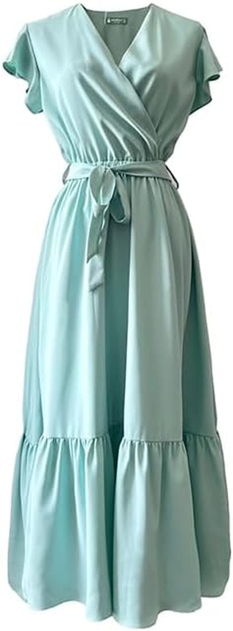 TICHIAN4S2U Women Floral Maxi Dress Wrap V Neck Short Sleeve Belted Ruffle Hem A-Line Bohemian Dresses Light Blue Solid / Xx-Large