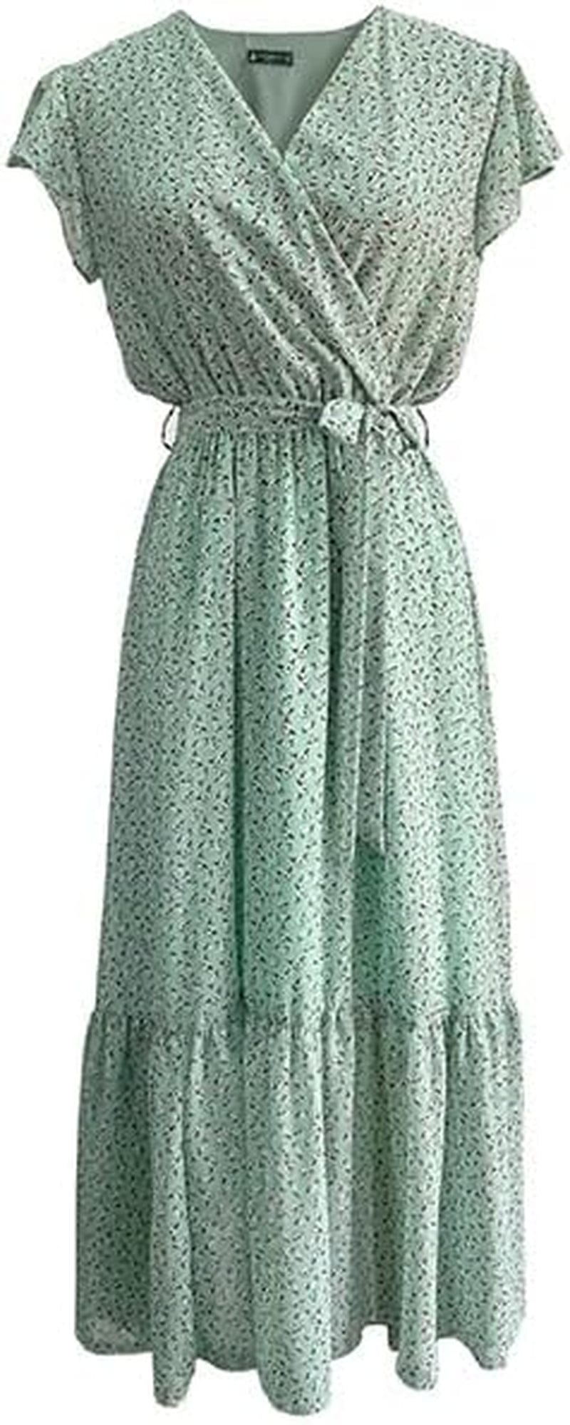 TICHIAN4S2U Women Floral Maxi Dress Wrap V Neck Short Sleeve Belted Ruffle Hem A-Line Bohemian Dresses Light Blue Floral / Medium