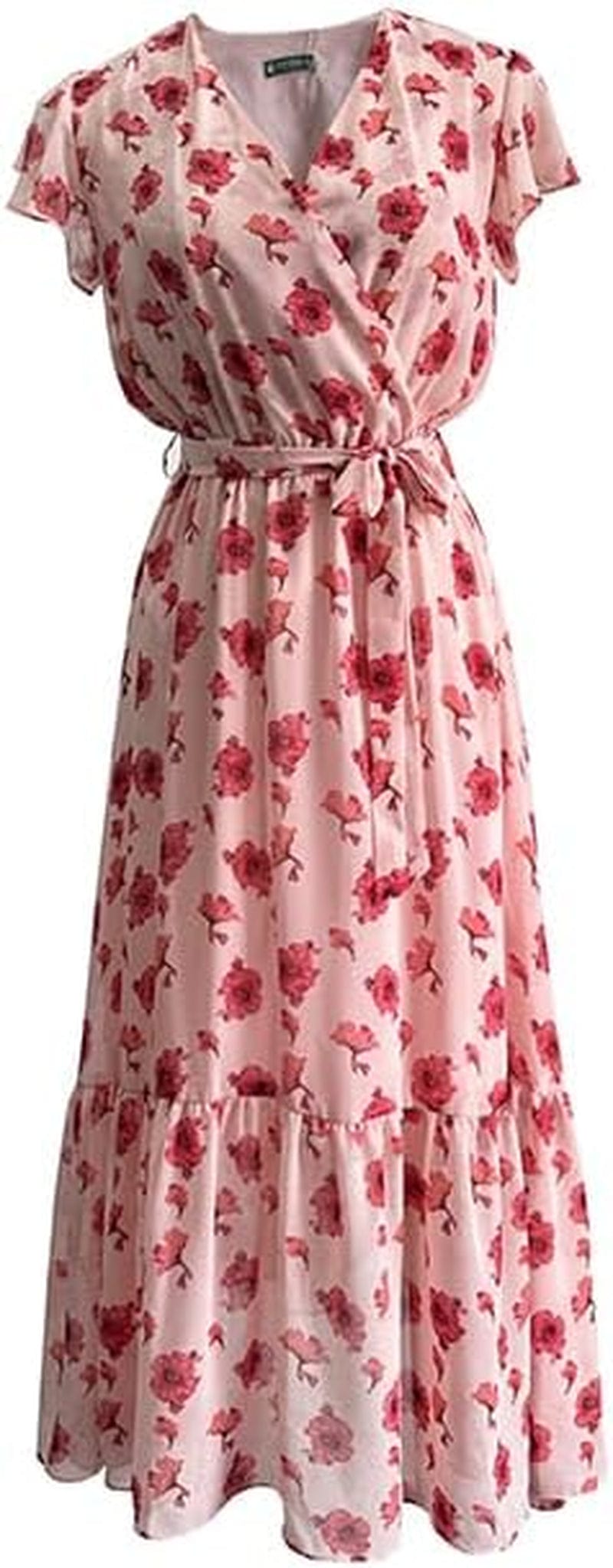 TICHIAN4S2U Women Floral Maxi Dress Wrap V Neck Short Sleeve Belted Ruffle Hem A-Line Bohemian Dresses Pink Floral Peach / Medium