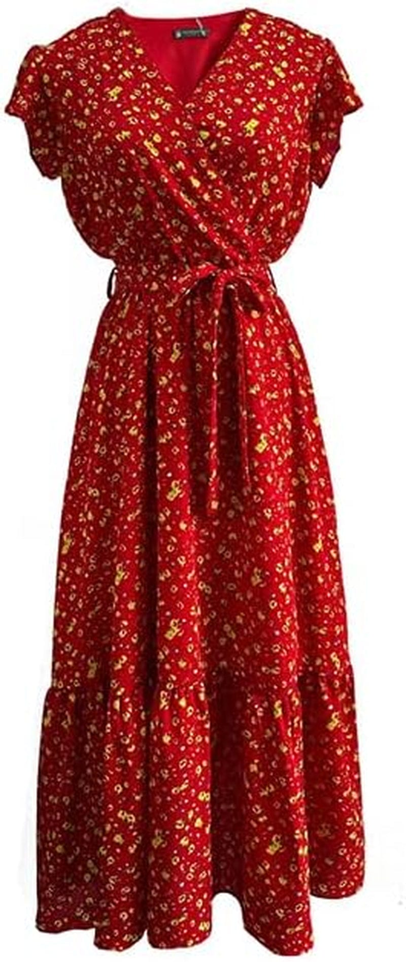 TICHIAN4S2U Women Floral Maxi Dress Wrap V Neck Short Sleeve Belted Ruffle Hem A-Line Bohemian Dresses New Red Floral / Medium