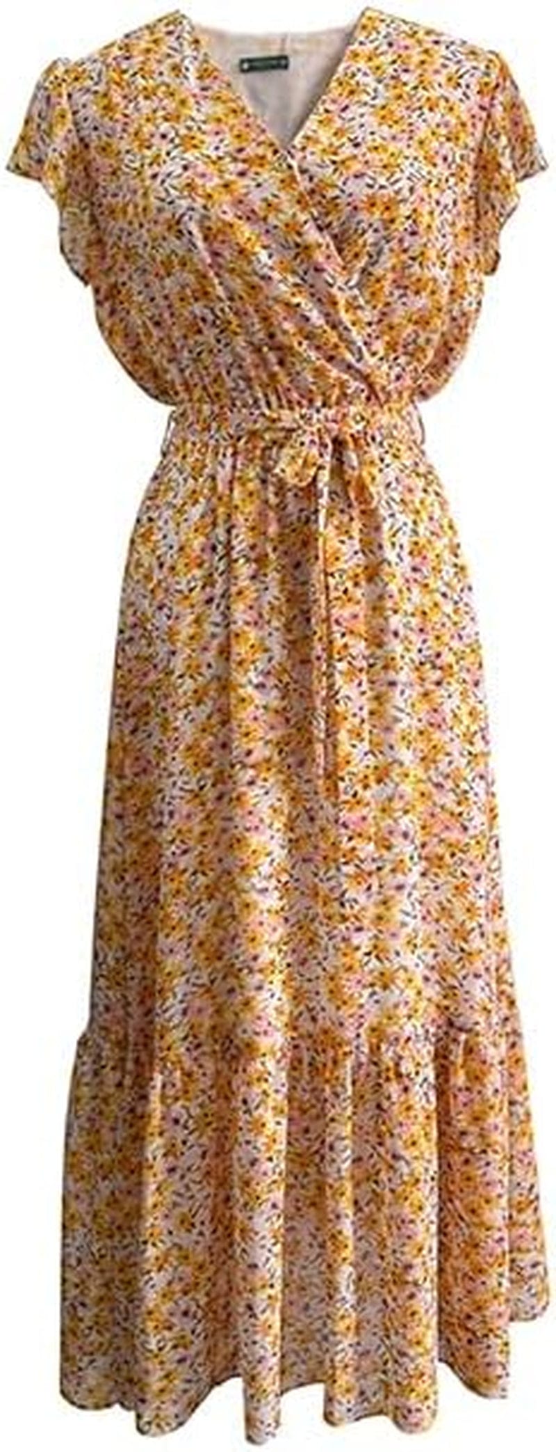 TICHIAN4S2U Women Floral Maxi Dress Wrap V Neck Short Sleeve Belted Ruffle Hem A-Line Bohemian Dresses Yellow Floral / Medium