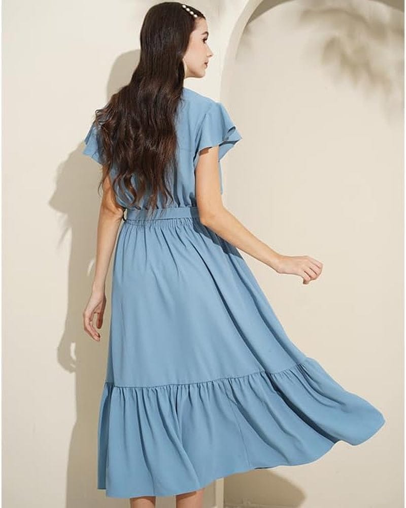 TICHIAN4S2U Women Floral Maxi Dress Wrap V Neck Short Sleeve Belted Ruffle Hem A-Line Bohemian Dresses
