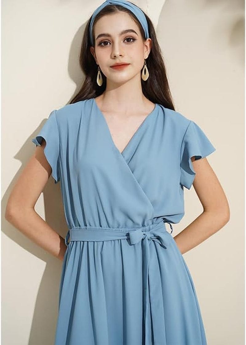 TICHIAN4S2U Women Floral Maxi Dress Wrap V Neck Short Sleeve Belted Ruffle Hem A-Line Bohemian Dresses