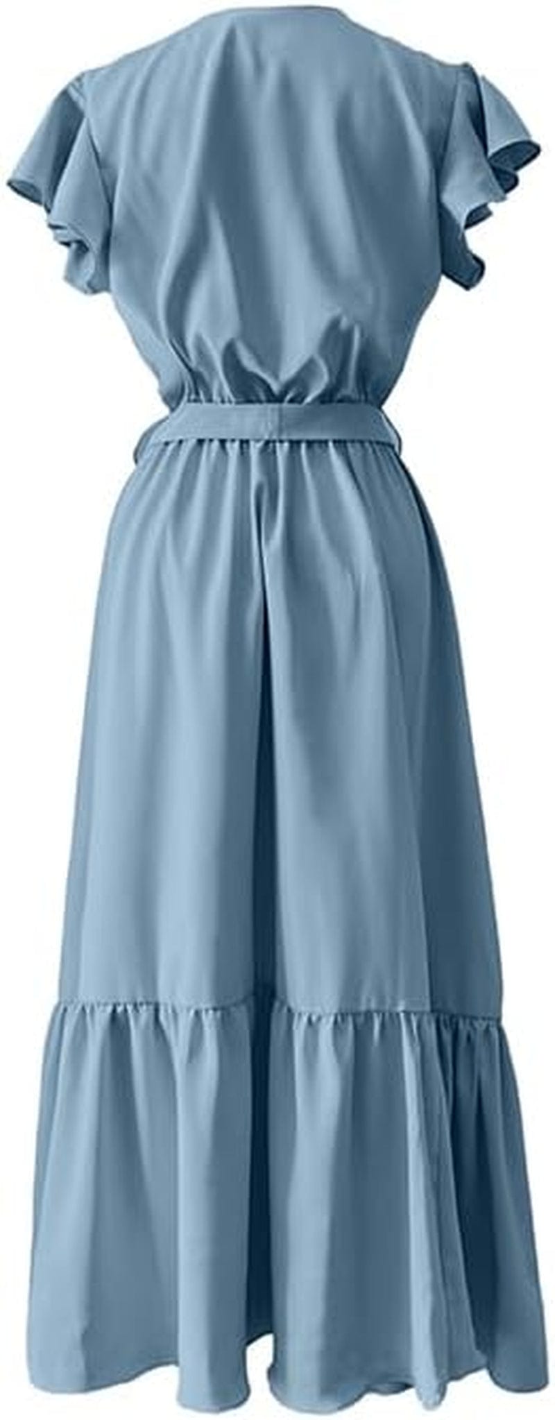 TICHIAN4S2U Women Floral Maxi Dress Wrap V Neck Short Sleeve Belted Ruffle Hem A-Line Bohemian Dresses