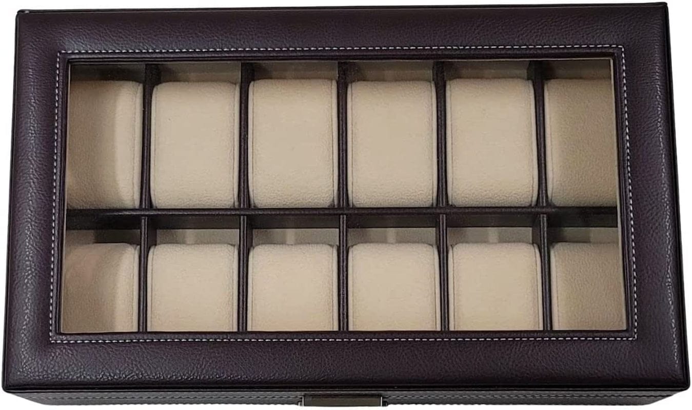 Timelybuys 12 Piece Chocolate Brown Leatherette Men'S Watch Box Display Case Collection Jewelry Box Storage Glass Top Father'S Day