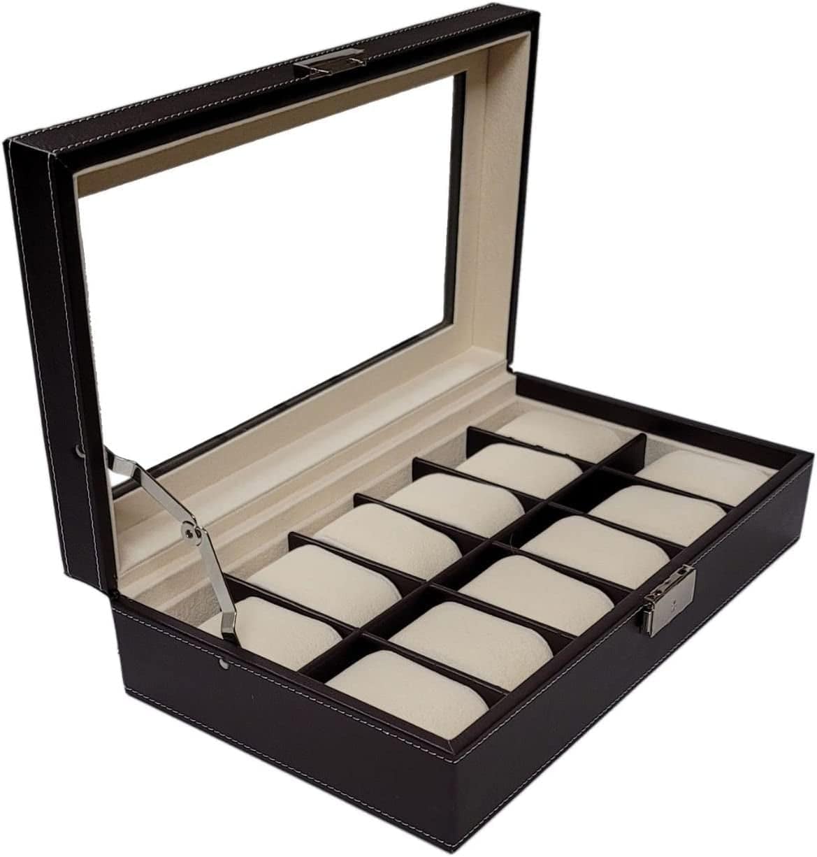 Timelybuys 12 Piece Chocolate Brown Leatherette Men'S Watch Box Display Case Collection Jewelry Box Storage Glass Top Father'S Day
