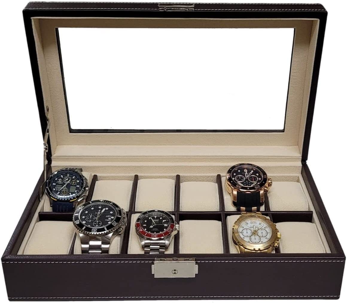 Timelybuys 12 Piece Chocolate Brown Leatherette Men'S Watch Box Display Case Collection Jewelry Box Storage Glass Top Father'S Day