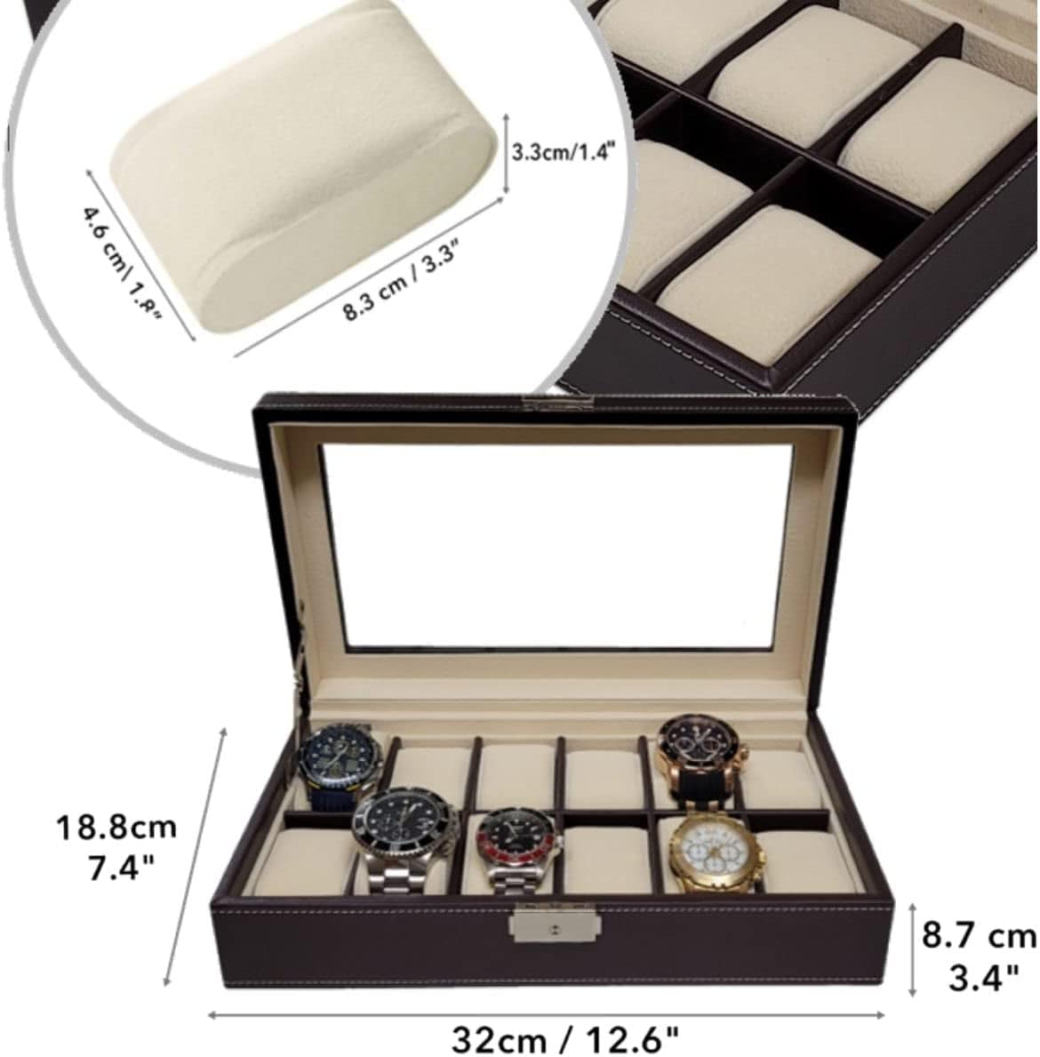 Timelybuys 12 Piece Chocolate Brown Leatherette Men'S Watch Box Display Case Collection Jewelry Box Storage Glass Top Father'S Day